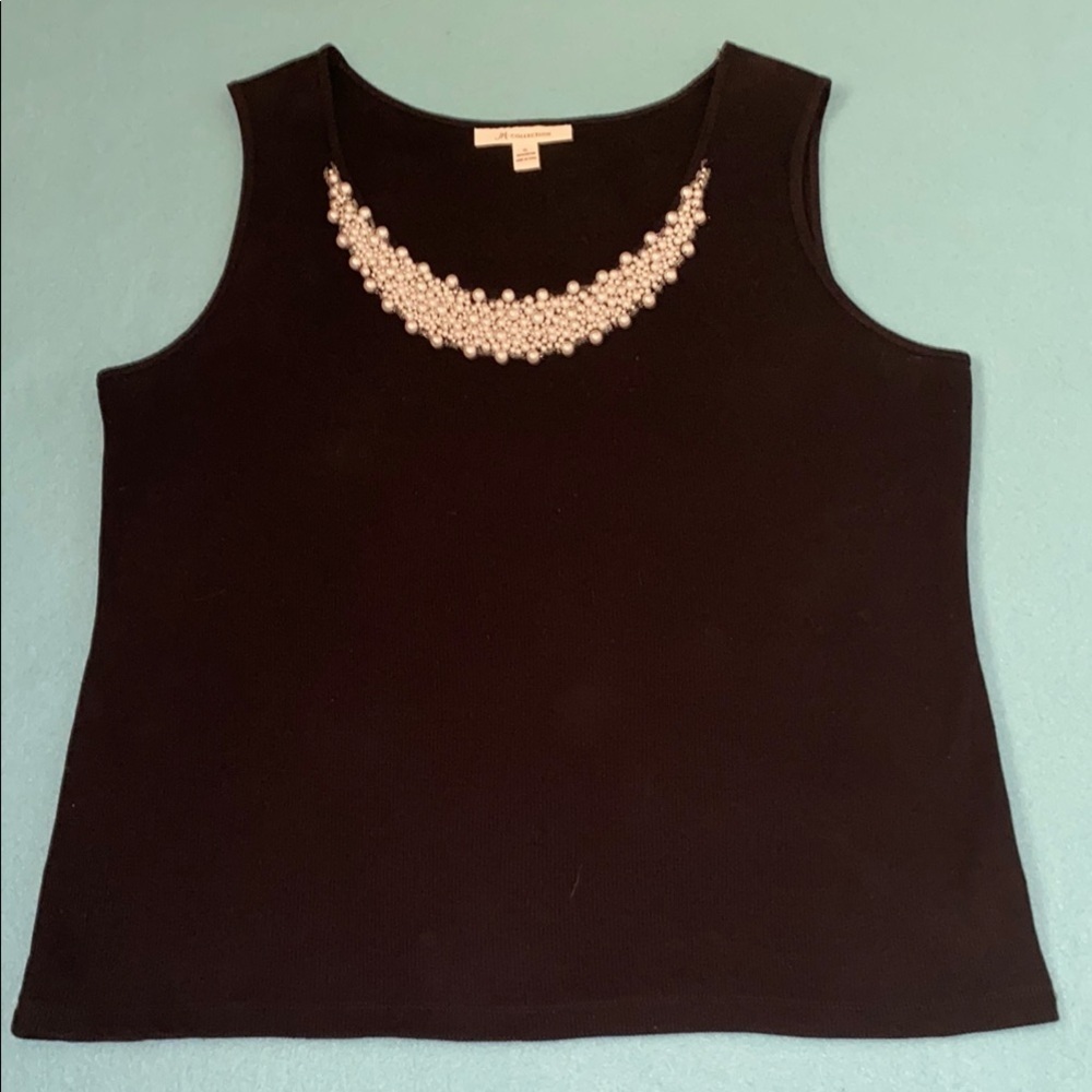 JM COLLECTION pearl embellished ribbed tank top black stretchy soft NEW size XL